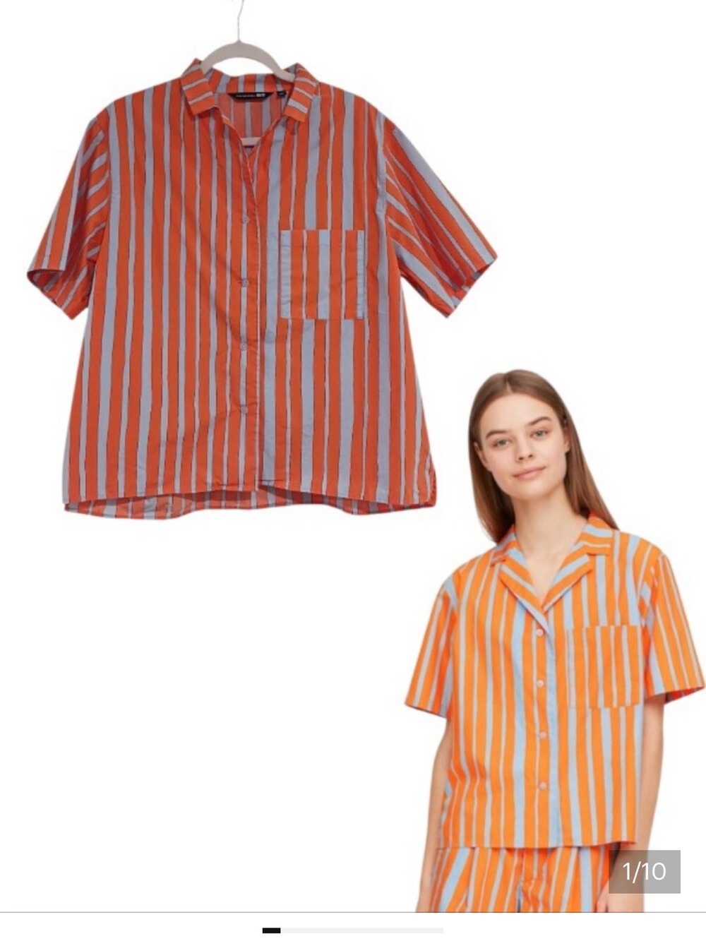 Marimekko Orange and Light Blue Striped Short Sleeve Button Front Shirt
